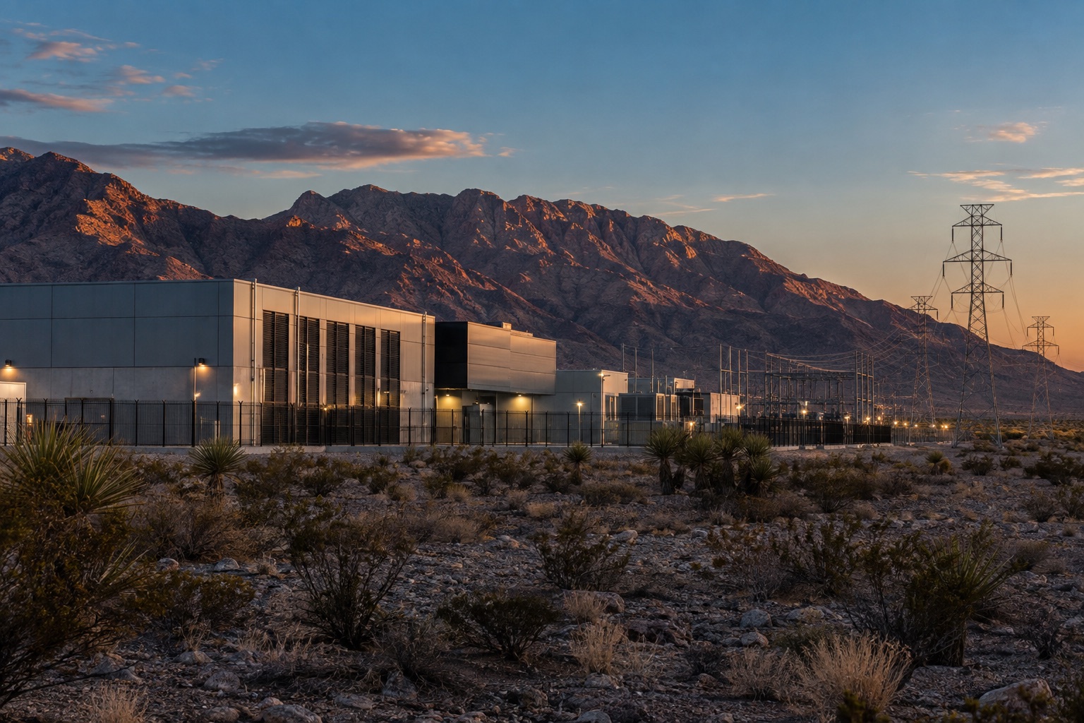 AI-generated scene of transmission lines and an industrial building in the desert.