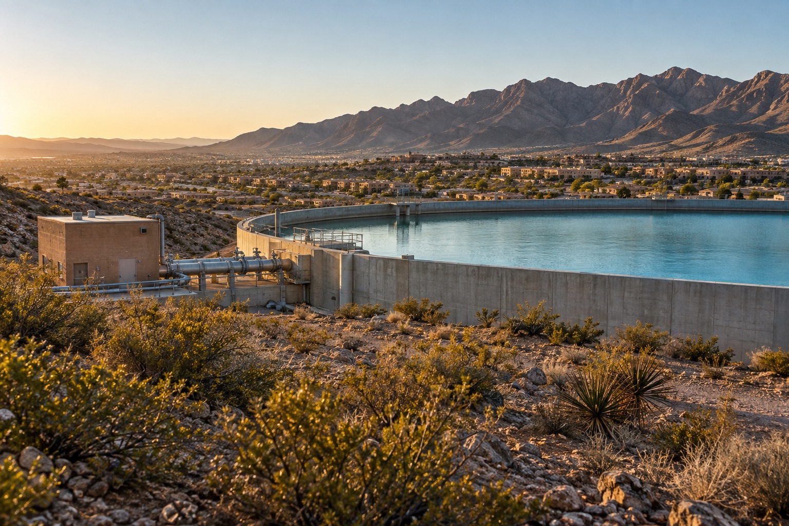 AI-generated scene of a water storage reservoir and pipes in a desert landscape.